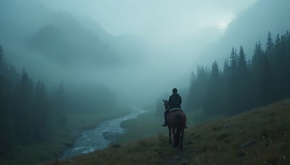 Obraz premium Lone rider trains horse in foggy valley near stream. Person on horseback rides along misty mountain forest. Moody landscape with pine trees at twilight.