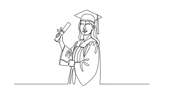 Graduation celebration, proud student holding diploma scroll in cap and gown, continuous line art drawing, academic achievement and success