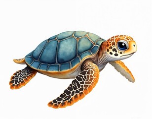 Obraz premium Cute cartoon baby sea turtle illustration with big blue eyes. Small reptile with patterned shell swims or crawls. Friendly baby animal on white background for kids.