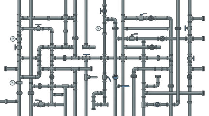 Fototapeta premium Industrial Pipeline Network Illustration with Valves and Gauges - Plumbing System Engineering Concept