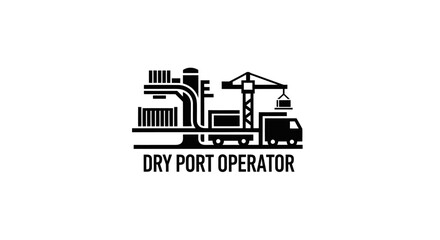 Naklejka premium Dry Port Operator Logistics Icon: Crane, Truck, Containers, Warehouse, Transport