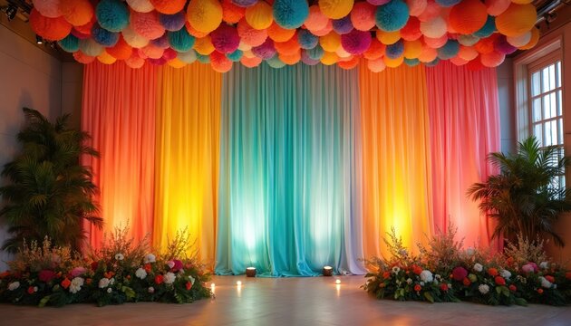 Colorful paper pom poms hang above draped fabric walls in vibrant orange pink and teal hues. Lush green plants flank floral arrangements at the base of the stage.