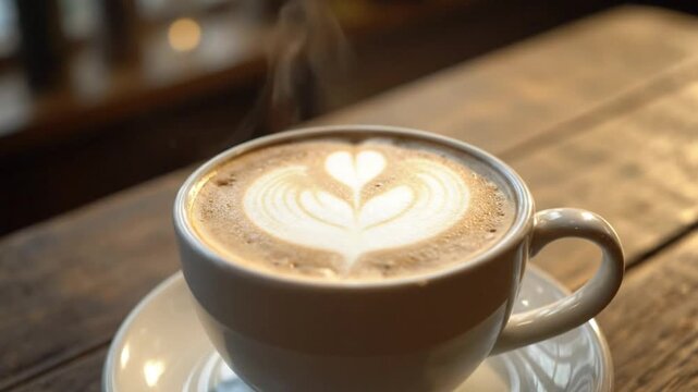 Steaming latte with artistic heart-shaped foam art on a rustic wooden table in warm sunlight