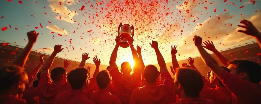 Winning soccer team celebrates victory lifting trophy with red confetti falling. Fans cheer under stadium lights at sunset. Pure joy and triumph after football game.