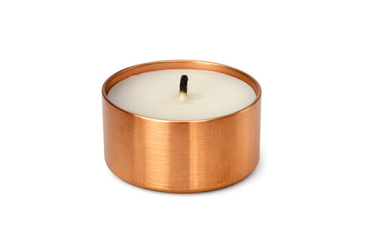 Copper tealight candle with white wax and wick