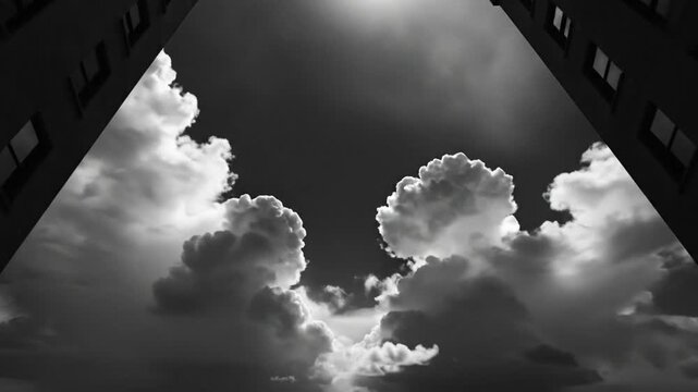 Dramatic clouds between buildings in black and white viewed from ground level reveal a unique perspective