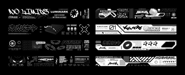 Futuristic Banners strips, Label Set – Futuristic, Cyberpunk Style. Hi-tech event wristbands, Ticket - pass, Streetwear design element for merch, t-shirt. Translation from Japanese - The Future is Now