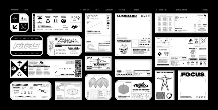 Sci-fi labels, retrofuturistic graphic set for streetwear, typography, print t-shirt. Brutalism and cyberpunk elements - Industrial logos, stylish stickers, futuristic prints. Y2K vector graphic set