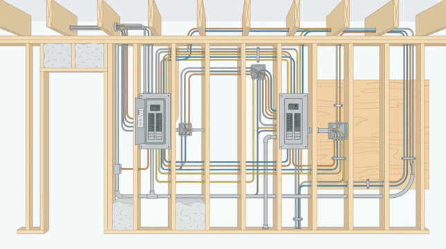 Detailed Diagram of Residential Electrical System Wiring and Circuit Breaker Panels Inside House Wall Frame