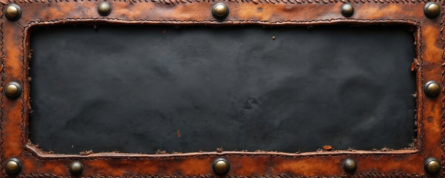 Rustic brown leather border with metal rivets and stitching. This aged frame has a dark inner panel, perfect for vintage design projects or Western themes. Offers a classic, handcrafted look.
