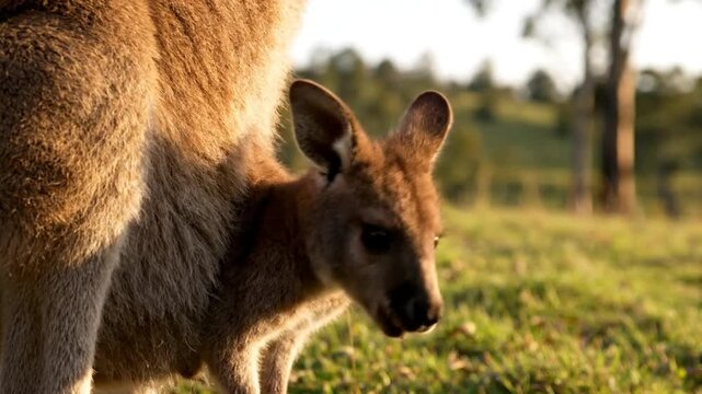 Baby joey kangaroo peering out from mother's side in a sunlit grassy field environment