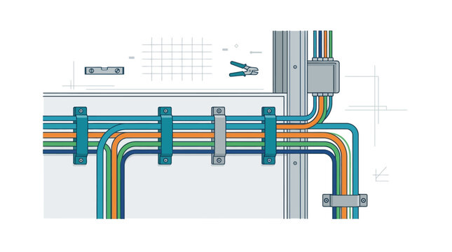 Electrical Wiring and Cable Management Illustration with Colorful Wires and Junction Box