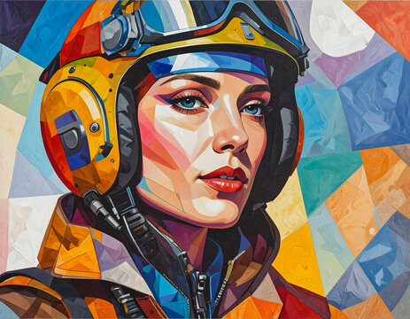 Colorful Abstract Female Pilot in Cubist Style Retro Aviation Design. Ideal for aviation branding, travel campaigns, posters, social media, editorial layouts, and modern creative design projects.