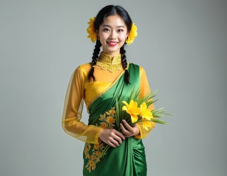 Young asian woman in traditional green and yellow attire holds yellow lilies. She smiles, wearing flowers in her braided hair, ready for spring festival celebrations.