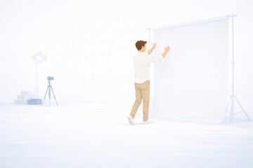 Fototapeta premium Studio Photographer Preparing Shooting Area Beside Seamless Backdrop