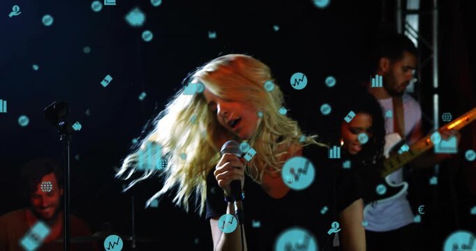 Lead singer performing music set, first beat causing blue icons boosting hair flips visuals