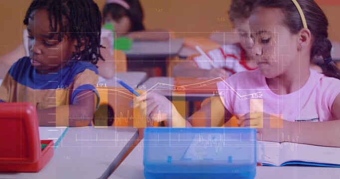 Girl in pink opening blue pencil box, starting classwork while orange charts overlay school