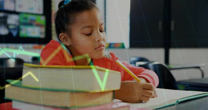 Pupil writing notes pausing tapping pencil as animated green-yellow graphs slide resuming homework