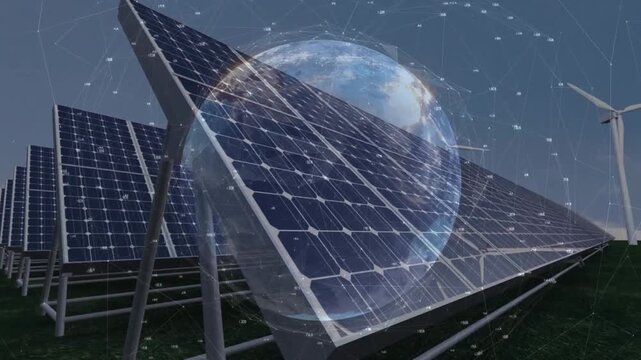 Vertical video: Moving camera showing tilted solar panels at solar farm, focusing panel face, globe