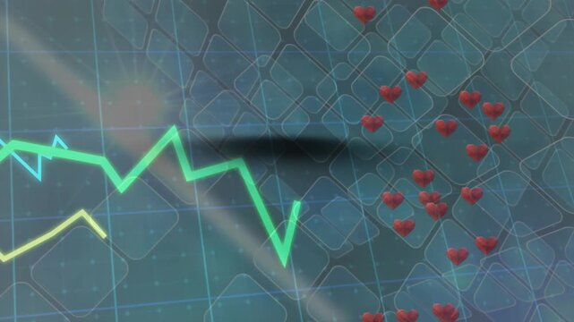 Neon green line-graph entering left and starting heart stream, peaking, stabilizing in tech HUD