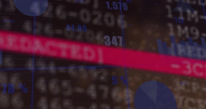 On camera shift dashboard moving, red stripe crossing, marking redacted row, particles drifting