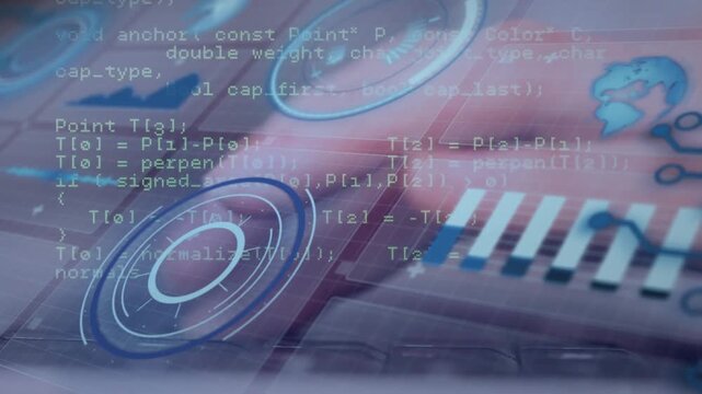 Developer's fingers tapping keyboard summoning HUD scrolling code and updating bar chart for coding