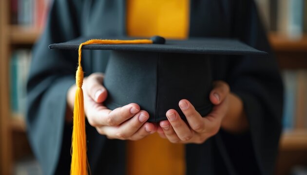 Close up of hands holding black graduation cap with yellow tassel. Graduate wears academic robe in library. Symbol of achievement and future success.