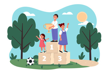 Fototapeta premium Children standing on a winner podium in a playful graphic style on an outdoor park background, symbolizing success and teamwork. Hand-drawn vector illustration