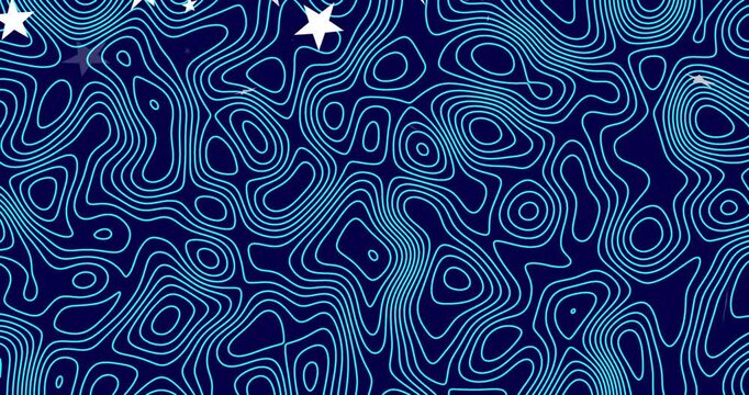 Star and bird shapes appearing at top-right and moving across contour lines, guiding design focus