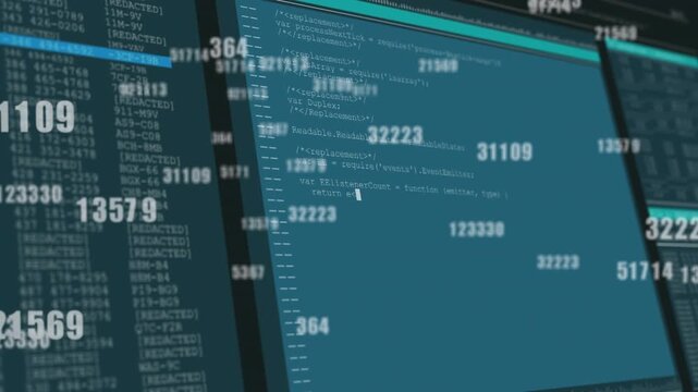 Camera panning, main screen filling with code, numeric overlays and cyan bar moving for tech ops