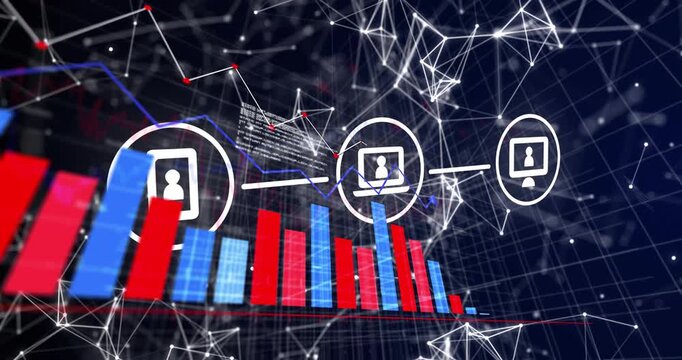 Device icons materializing and linking to bar chart, highlighting data flow for tech networks