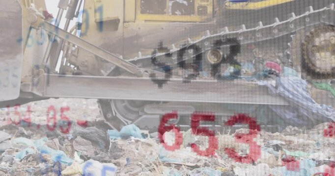 Data overlay appearing triggers tracked dozer nudging waste, cycling currency values showing cost