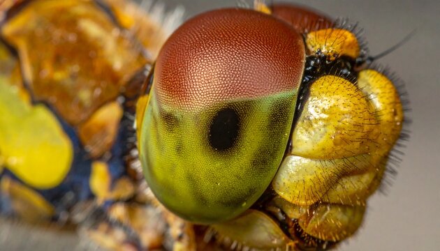 Detailed macro shot of a dragonflys head showcasing its compound eye.
