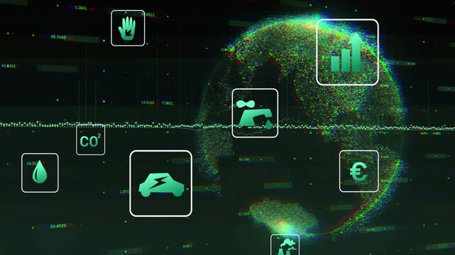 Left-side icon influx initiating data update, particle globe rotating, icons pulsing and aligning
