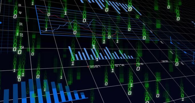 3D analytics plane getting data panning and showing blue bar pie charts while green binary falling