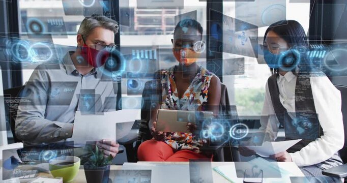 Center woman tapping tablet reading docs causing HUD UI growing settling finalizing business point