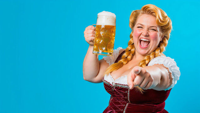 Happy woman in traditional dirndl holding beer mug and pointing forward