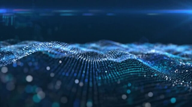 Abstract Digital Particle Waveform with Glowing Blue Dots on Dark Background, Technology Concept