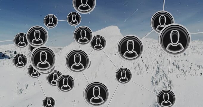 Avatar nodes shifting with timeline, forming digital network, showing links and revealing ridge