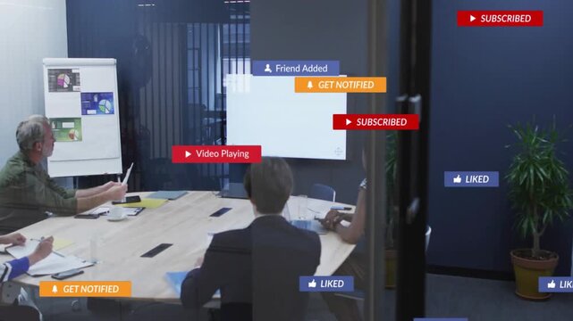 Business team meeting, cursor appearing and activating engagement overlays across table, fading