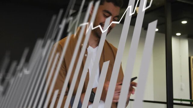 Man tapping phone, causing finance line graph sweeping into 3D bars while calling about portfolio