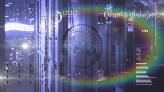 HUD scanning racks in data center, blips entering frame initiating timeline scan, reticle pulsing