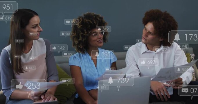Center woman speaking and citing brief, team turning as social metrics rising, boosting business