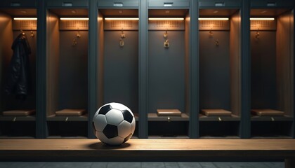 Soccer ball rests on locker room bench in dim light. Empty lockers line dark background. Sport awaits game, preparing for match. Focus on ball.
