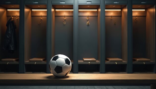 Soccer ball rests on locker room bench in dim light. Empty lockers line dark background. Sport awaits game, preparing for match. Focus on ball.