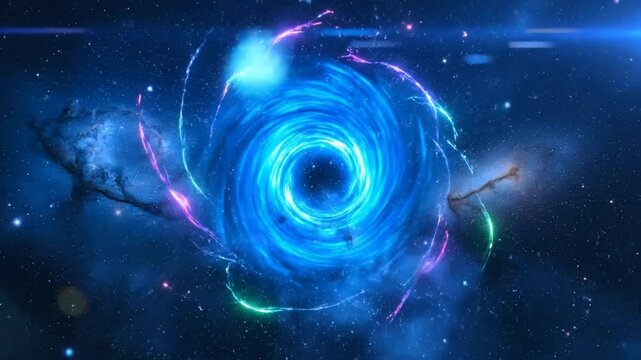 Mesmerizing blue vortex and swirling energy of cosmic black hole in deep space against starry background