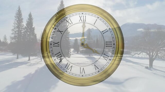 Centered clock overlay moving minute hand clockwise across snowy park driven by time for education