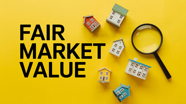 fair market value concept with miniature houses and magnifying glass on yellow background