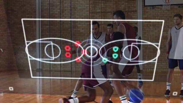 Players dribbling causing overlay, red or cyan markers guiding defense into lanes in basketball dril