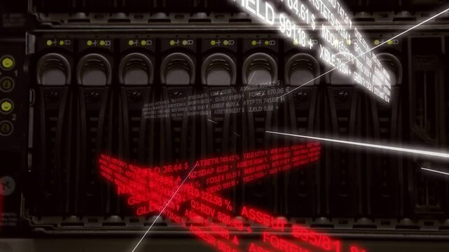 Market feed starting rack server front holding ticker rotating red text pulsing showing market flow